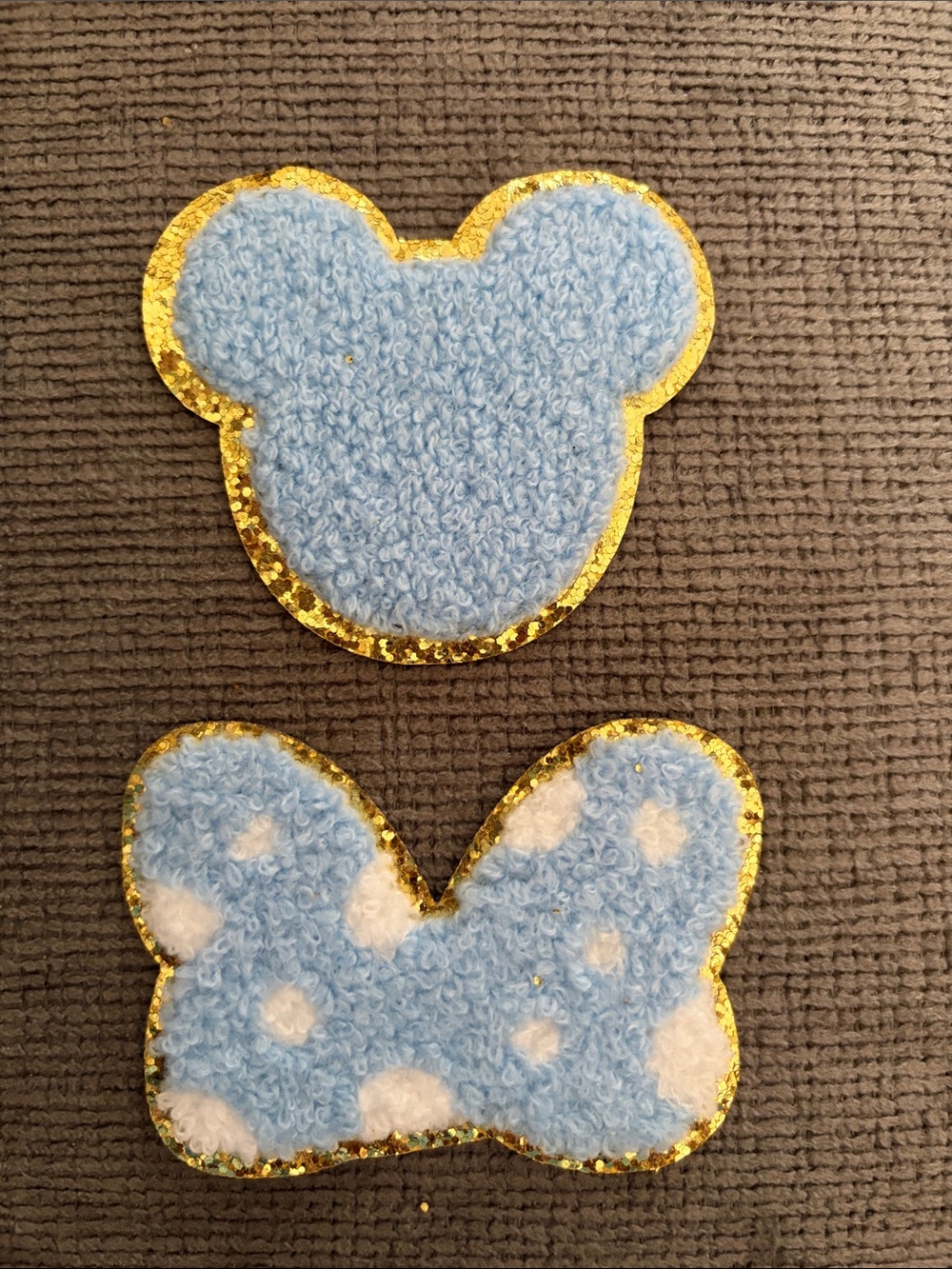 Lt Blue Minnie and Bow Chenille Iron On Patch Set with Gold Trim